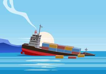 Shipwreck of cargo ship in ocean, vessel going under water and goods containers. Marine transport crash, vector © hadeev