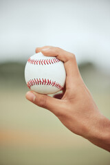 Baseball player, hands and ball pitcher, sports goals and skill in competition games, action and...