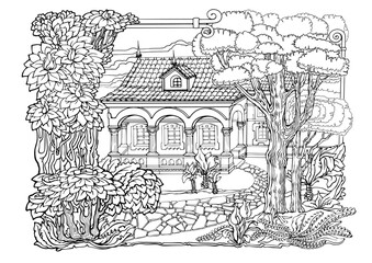 Romantic old town. Coloring Pages. Anti-stress colouring page. Vector.