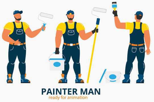 Painter man in uniform holding paint roller