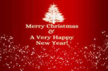 Merry Christmas and Happy New Year wishes text with shining stars on red background. Christmas celebration concept.