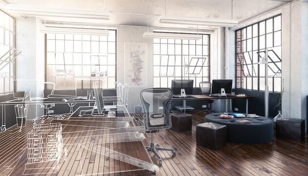 Entwurf einer postindustriellen Bürofläche eingerichtet für Computer-Arbeitsplätze mit einer Meeting-Area (Teil-Skizze) - 3D Visualisierung