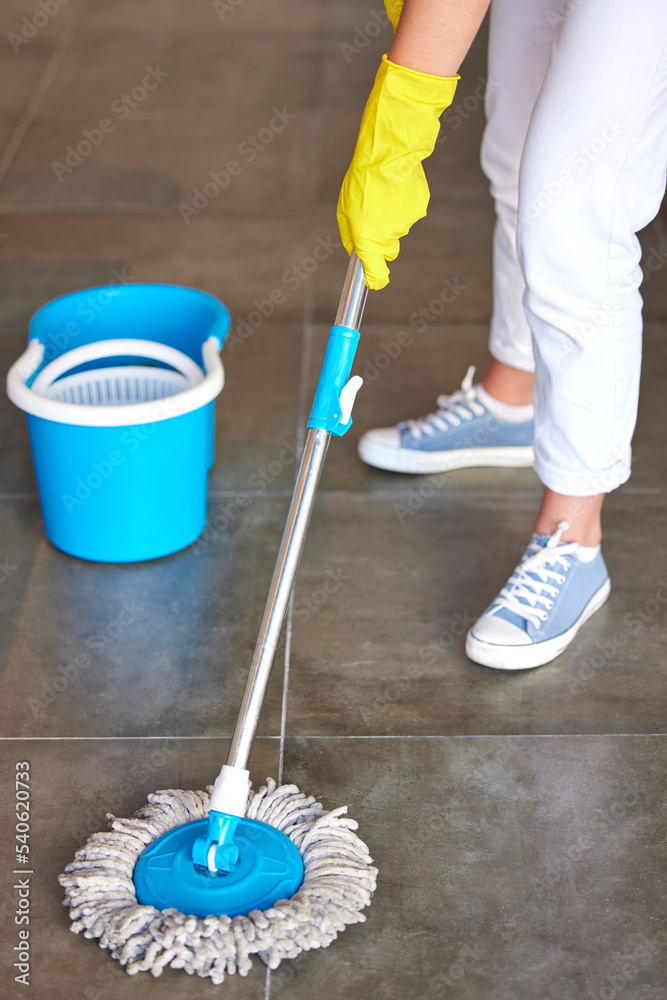 Poster Woman, mop or bucket in floor cleaning at home or office building by cleaner service, maid or housekeeping worker. Person mopping, healthcare maintenance or water container in bacteria safety control