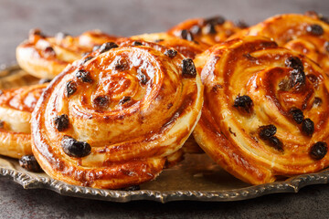 Delicious pain aux raisins spiral buns with raisins and custard close-up in a plate on the table. horizontal