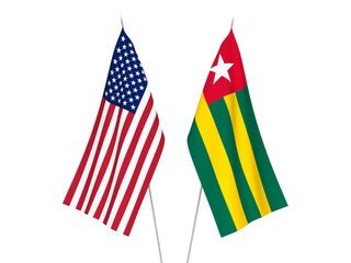 National fabric flags of America and Togolese Republic isolated on white background. 3d rendering illustration.