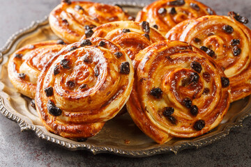 Pain au raisin translates to bread with raisins or escargot, because of the snail-like shape of the little individual pastries closeup in the plate on the table. Horizontal