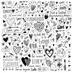 Set of love symbols, a large collection. Drawn sketch of love elements. Hand drawn vector illustration in doodles. For Valentine's Day packaging, postcards, backgrounds.