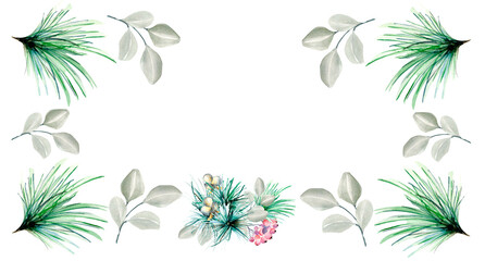 Christmas board of coniferous branch, needles watercolor illustration isolated on white.