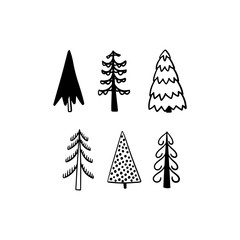 Christmas Tree various set. Collection black-white silhouette. Monochrome hand drawn vector illustration in doodle style.