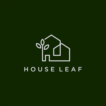minimal line art house and leaf logo vector