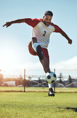 Man, soccer and ball tricks in sports, fitness and exercise for training, workout or practice on...
