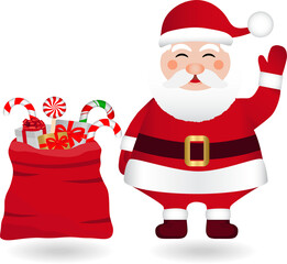 Merry Christmas and Happy New Year greeting card. Set of Funny Santa claus. Santa claus with big sack of gifts. Christmas illustration