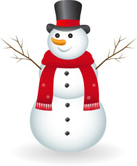 Snowman with hat and scarf. Snowing. White background. Vector illustration. EPS 10