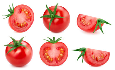 Tomato Clipping Path. Tomato vegetable half and slice isolated on white background with clipping path. Tomato set macro studio photo