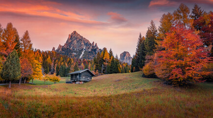 Captivating autumn sunrise on Canali valley, Piereni location, Province of Trento, Italy, Europe. Impressive morning scene of Dolomite Alps. Beauty of countryside concept background.