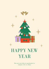 Merry Christmas poster. Christmas tree , gift boxes and the bell. Minimalistic greeting card, flyer, background. Modern vector design template in flat style.