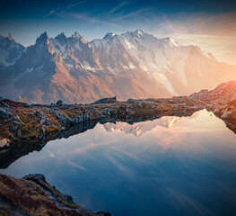 Superb autumn view of Cheserys lake with Mount Blank on background, Chamonix location. Gorgeous...