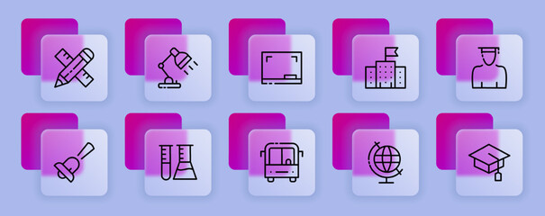 Education set icon. Ruler, pen, table lamp, educational institution, bell, chemistry, test tubes, September 1, knowledge day. Learning concept. Glassmorphism style. Vector line icon for Business