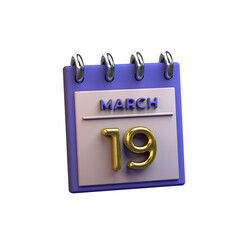 19 March monthly calendar 3D rendering