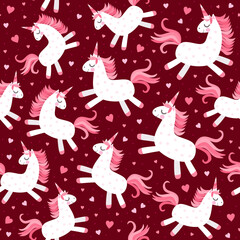 Seamless background with unicorns with pink mane among hearts. Fairy pattern for Valentines day