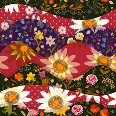 Beautiful seamless patchwork pattern with floral ornaments. Quilt design with flowers - obrazy, fototapety, plakaty