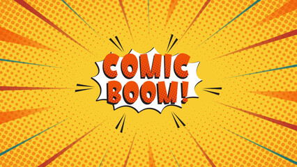 Comic abstract orange background with radial rays and halftone