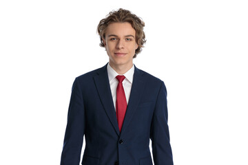 portrait of blond businessman with curly hair smiling and being happy