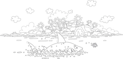 Funny great white shark and a cheerful small fish playing catch-up in a lagoon of a tropical palm island in a southern sea, black and white outline vector cartoon illustration for a coloring book page