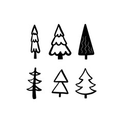 Christmas Tree various set. Collection black-white silhouette. Monochrome hand drawn vector illustration in doodle style.