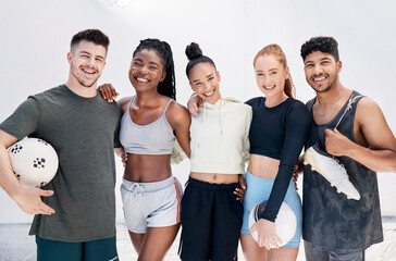 Sports, team and diversity football friends relax after game, competition or practice match for training workout. Fitness people, soccer player portrait and athlete group happy after health exercise