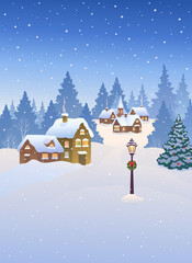 Vector drawing of a small snowy town, vertical winter background