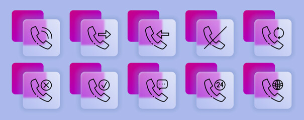 Call centre set icon. Incoming, outgoing, missed call, hotline, wifi, arrows, correspondence, phone, communication. Contact us concept. Glassmorphism style. Vector line icon for Business