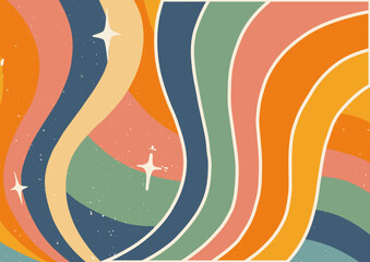 Pattern with rainbow retro waves. Fashion vintage poster. Good vibe. Colorful vector wallpaper. Vector template. Vector boho background. Rainbow 60s, 70s, hippie vector.