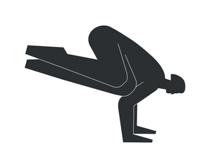 Vector isolated illustration with flat black silhoutte of female character. Sportive woman learns posture Parsva Bakasana at yoga class. Fitness exercise - Side Crow (Crane) Pose