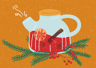 Hot teapot with winter drink. Herbal tea with cinnamon, star anise and oranges. Tea with Christmas tree branches. Cozy Christmas tea. Vector illustration in a flat style.