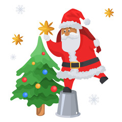 Funny Santa Claus decorating Christmas tree vector