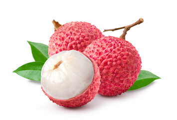 Juicy Lychee with cut in half isolated on white background. Clipping path.