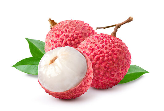 Juicy Lychee with cut in half isolated on white background. Clipping path.