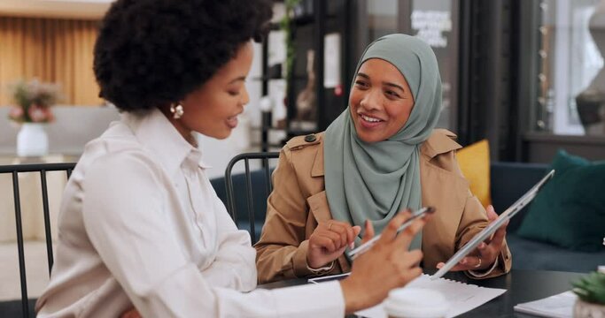 Black woman, muslim employee and tablet with communication, teamwork and diversity in marketing and advertising office. Islamic and african business women support, collaboration and working together