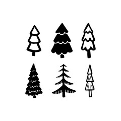 Fototapeta premium Christmas Tree various set. Collection black-white silhouette. Monochrome hand drawn vector illustration in doodle style.