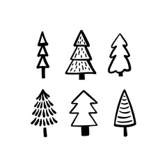 Christmas Tree various set. Collection black-white silhouette. Ink sketch. Monochrome hand drawn vector illustration in doodle style.
