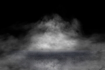 Asphalt concrete floor with smoke or fog in dark room with spotlight. Asphalt night street. Mist on black background, black and white