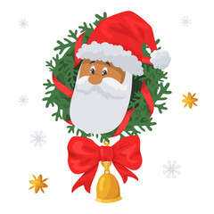 Santa Claus head in Christmas wreath funny design