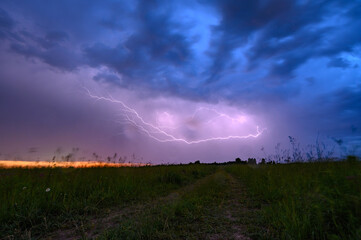 Naklejka na ściany i meble Thunderstorm atmosphere with lightning over wheat fields with cloudy sky