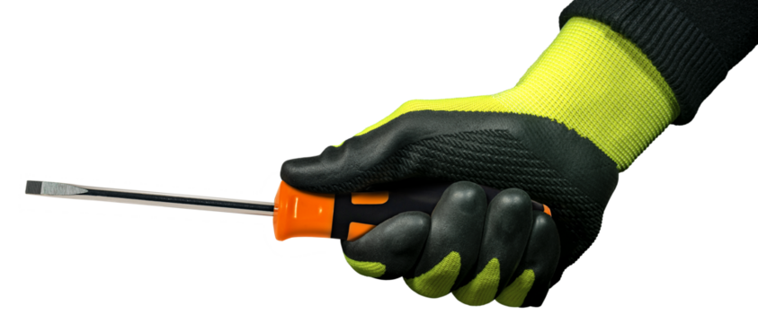 Manual worker with black and green protective work gloves holding a flat head screwdriver with black and orange plastic handle. Isolated on white or transparent background, png.