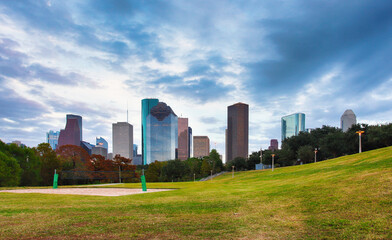 Houston, Texas, USA park and downtown skyline.