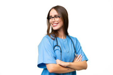 Young nurse caucasian woman over isolated background with arms crossed and happy