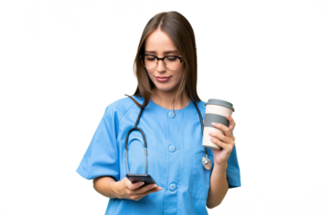 Young nurse caucasian woman over isolated background holding coffee to take away and a mobile