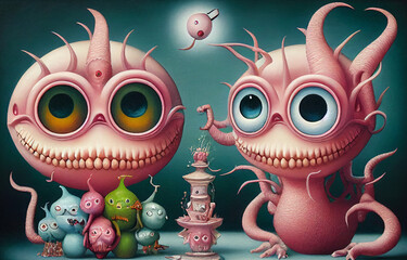 Two pink frinedly monsters playing chess