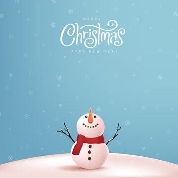 Christmas and happy new year greeting card with copy-space and Cute snowman standing in winter christmas landscape snow falling